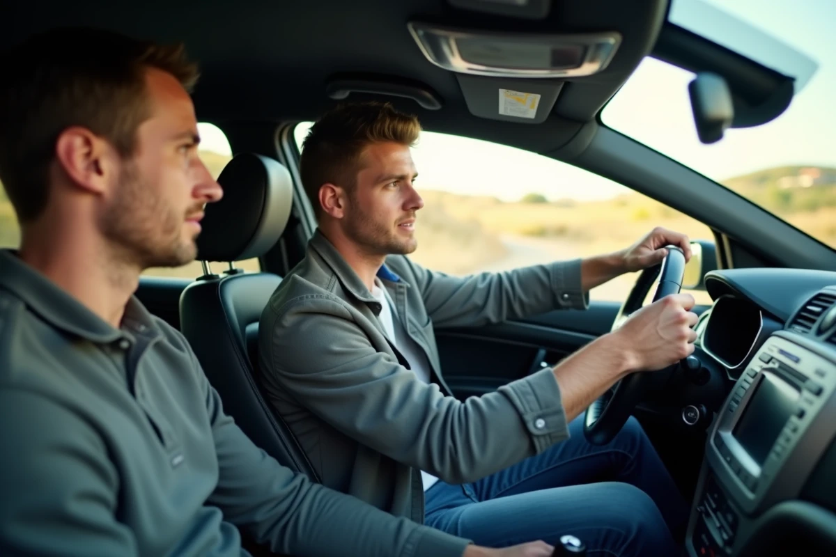 Moniteur d'auto-école enseignant à un élève dans une voiture pendant une leçon de conduite intensive