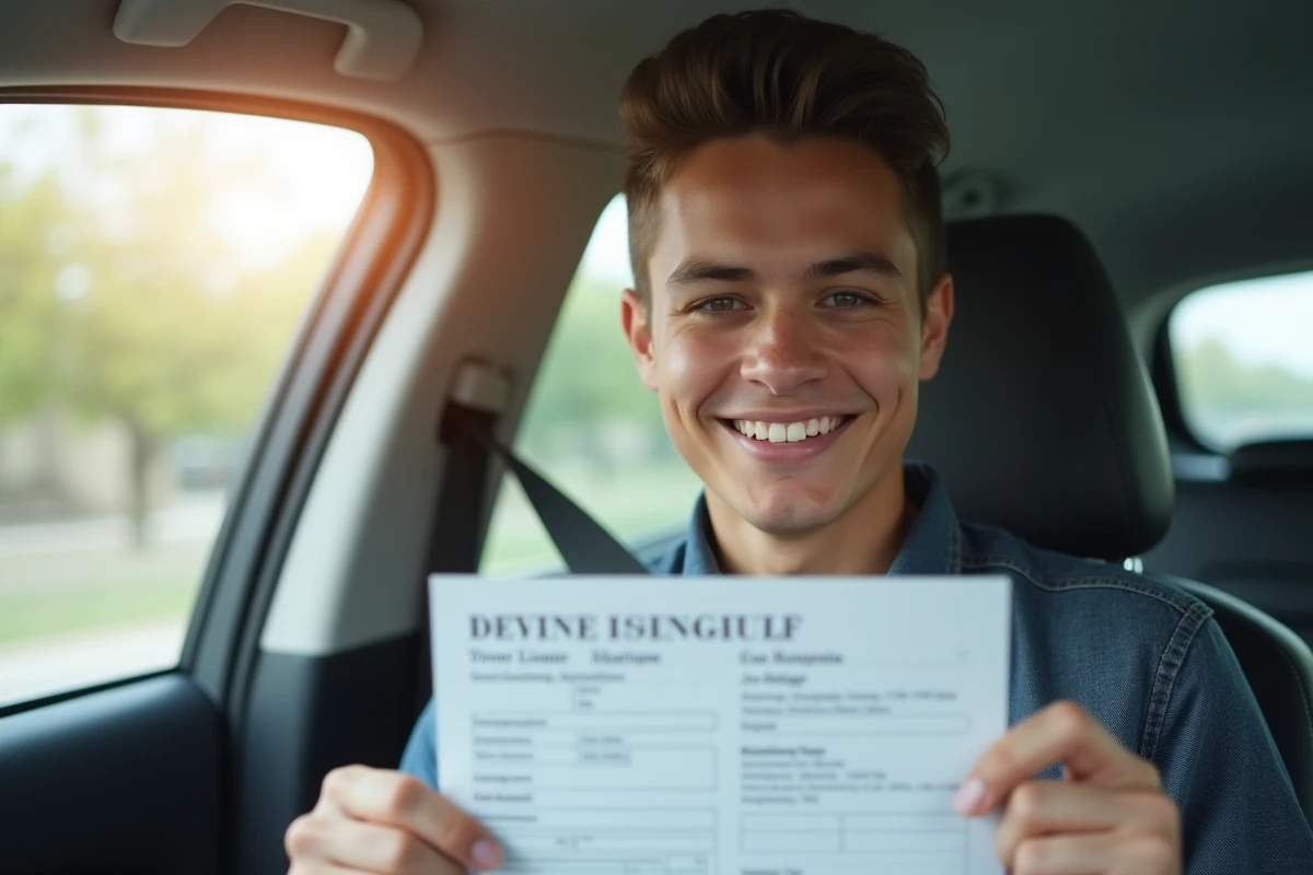 Jeune conducteur tenant son permis de conduire tout neuf avec satisfaction