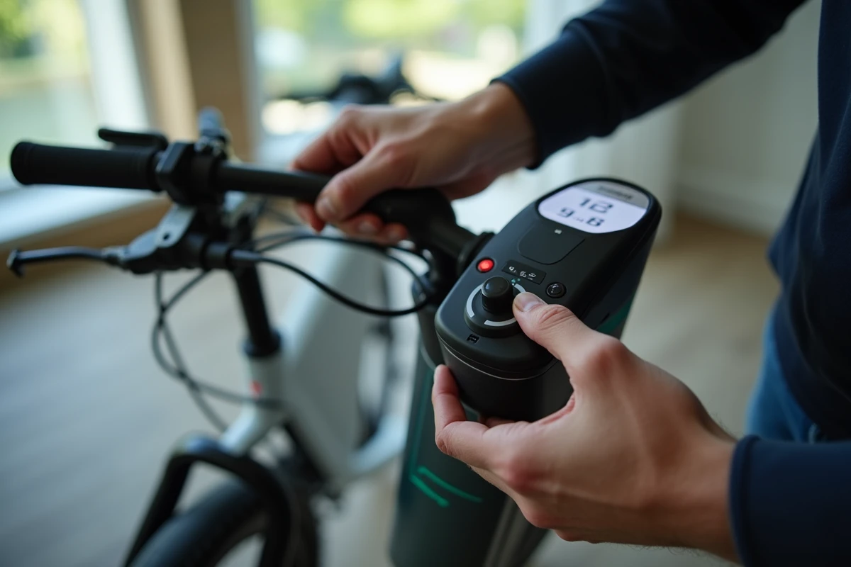 Gros plan des mains d'un homme examinant l'écran et les contrôles d'un vélo électrique moderne