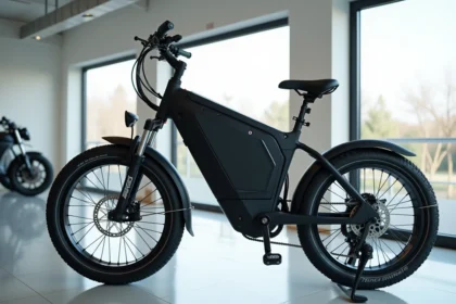 Gros plan sur la batterie et le moteur d'un vélo électrique moderne en magasin spécialisé