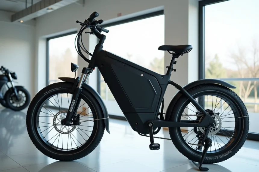 Gros plan sur la batterie et le moteur d'un vélo électrique moderne en magasin spécialisé
