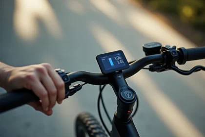 Gros plan sur l'écran numérique d'un vélo électrique affichant le pourcentage de batterie et la vitesse