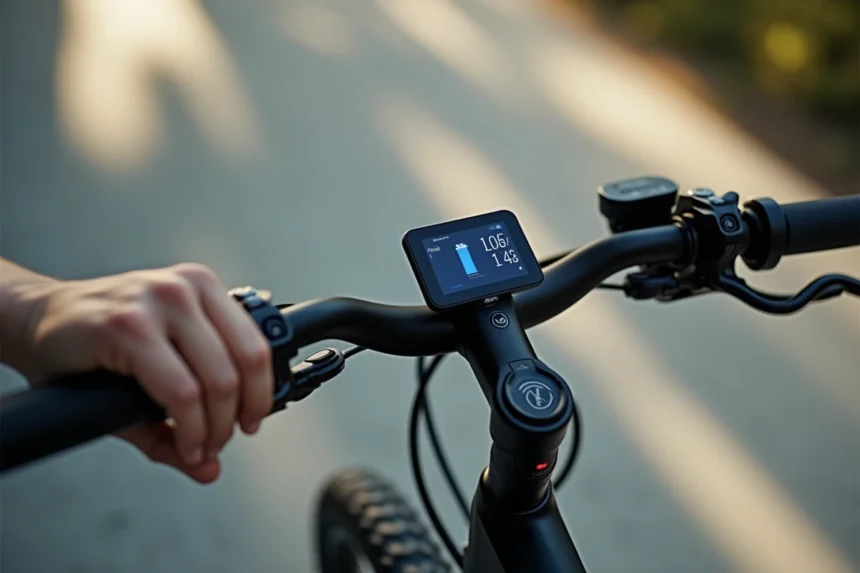 Gros plan sur l'écran numérique d'un vélo électrique affichant le pourcentage de batterie et la vitesse