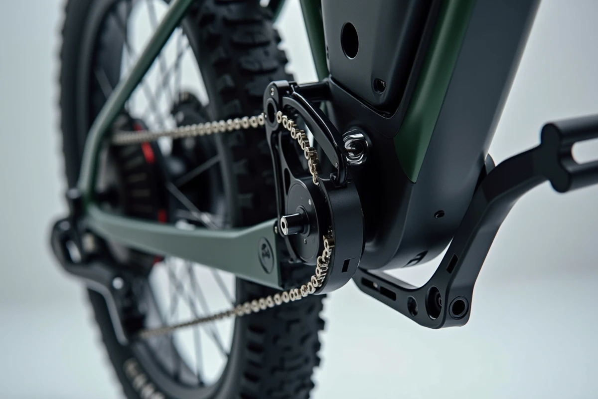 Gros plan des composants techniques d'un vélo électrique moteur batterie et transmission