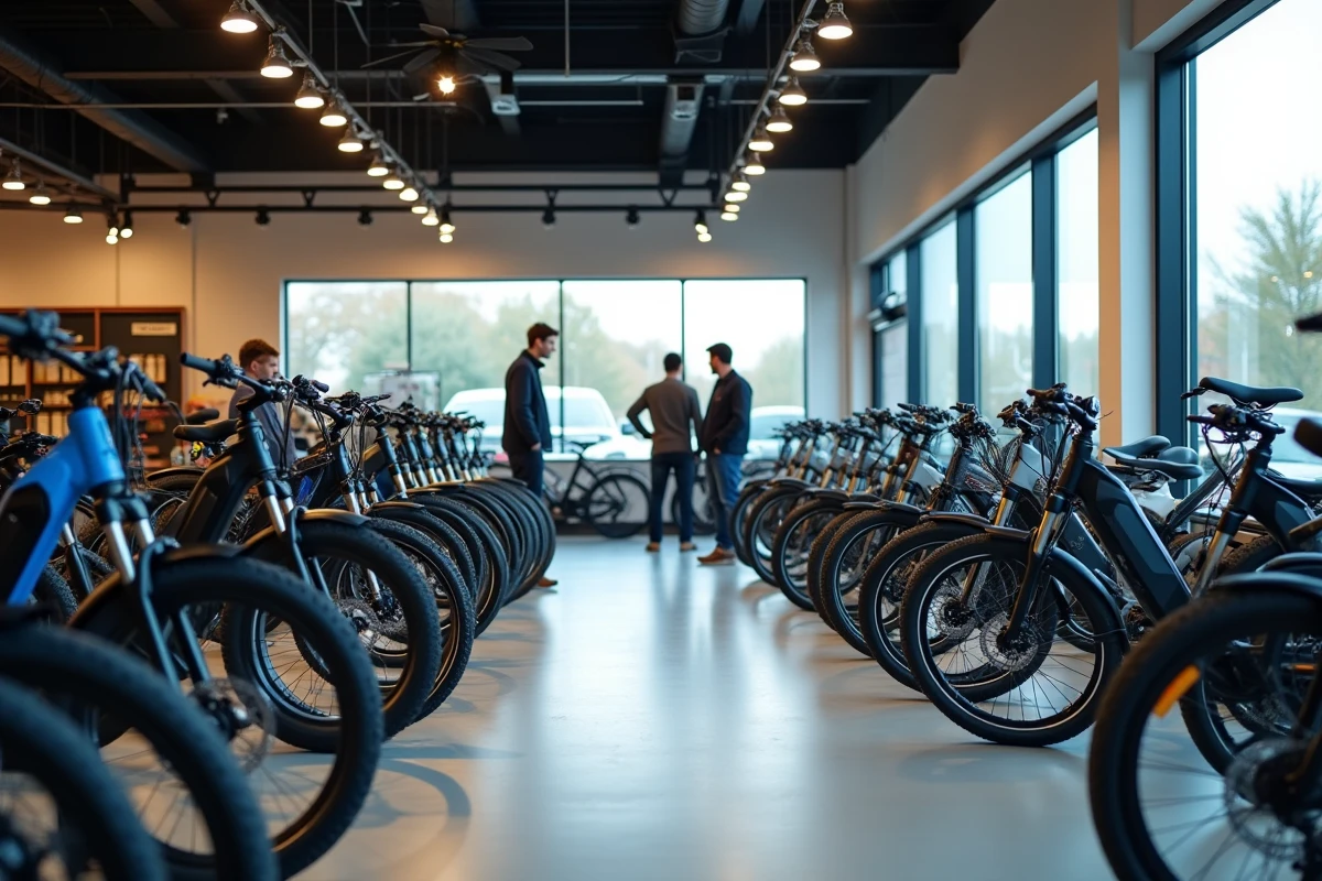 Magasin de vélos électriques avec plusieurs modèles exposés et clients consultant