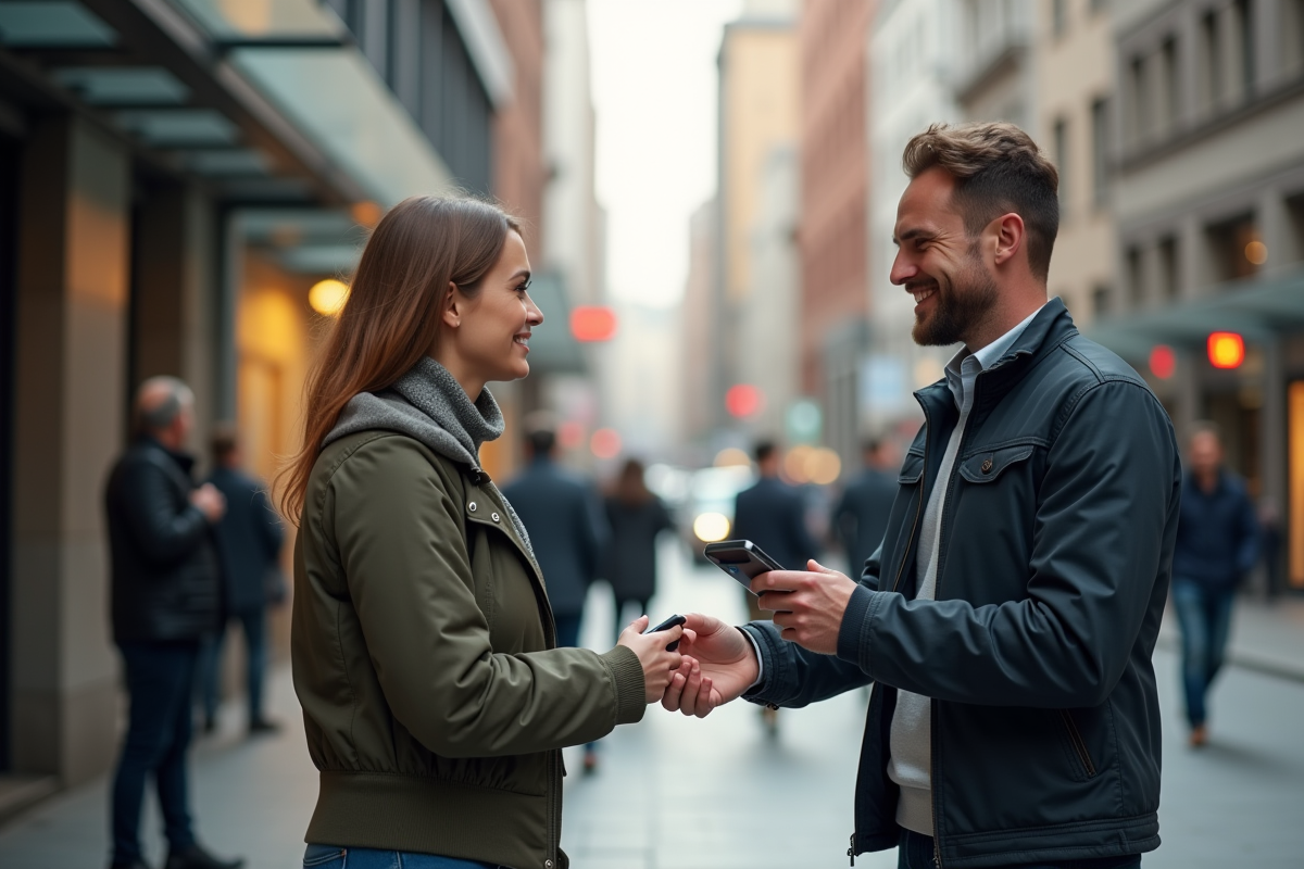 Homme échangeant un smartphone usagé contre de l