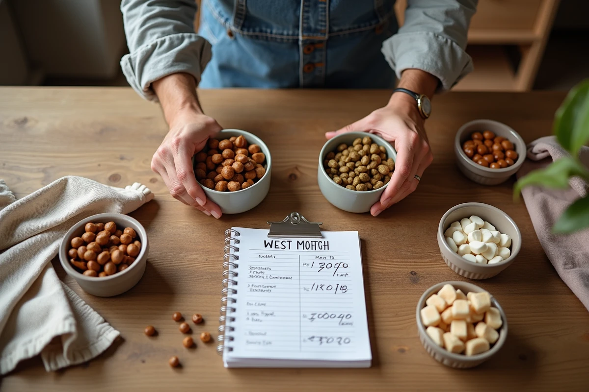comparaison d'aliments pour animaux domestiques avec calculs de budget et prix affichés sur table