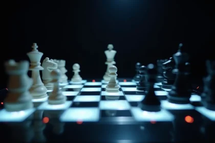 Plateau d'échecs électronique haut de gamme illuminé avec des pièces positionnées pendant une partie
