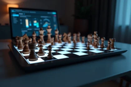 Échiquierélectronique haut de gamme avec échiquier illuminé et pièces en bois sur un bureau moderne