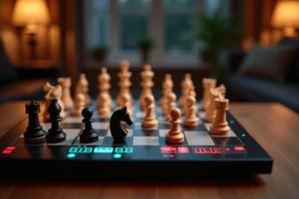 Plateau d'échecs électronique professionnel avec éclairage LED affichant une partie en cours