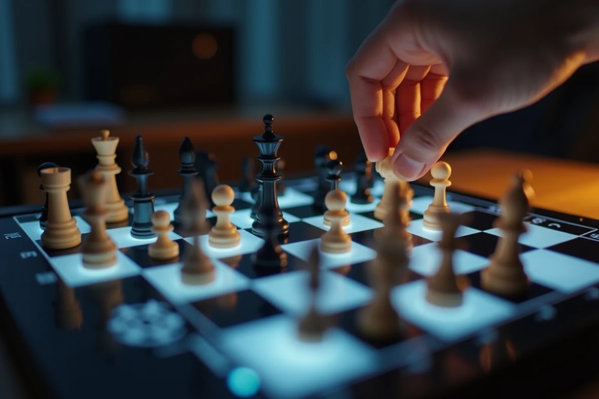 Échiquier électronique professionnel avec plateau illuminé et pièces en pleine partie