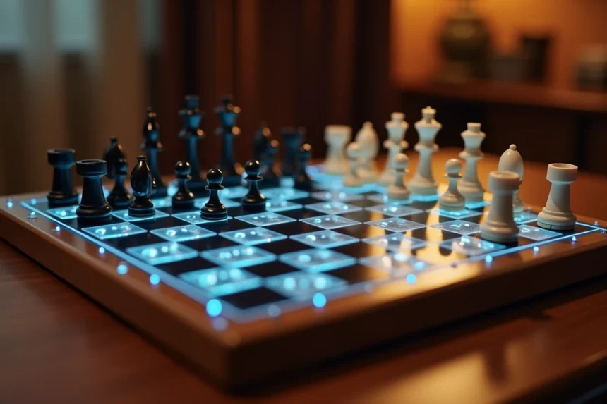 Plateau d'échecs électronique professionnel avec LED illuminées et pièces en position de jeu