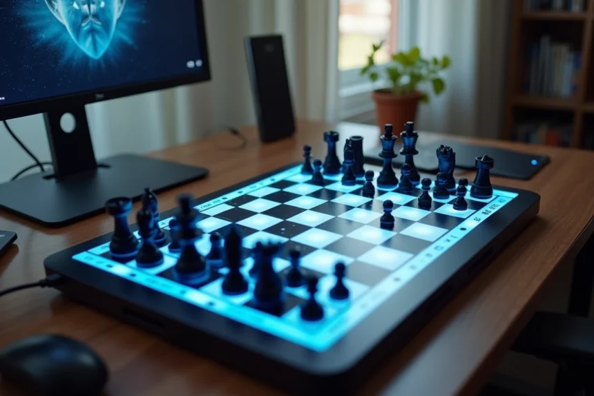 Plateau d'échecs électronique professionnel avec écran LED affichant une partie en cours, vue de dessus
