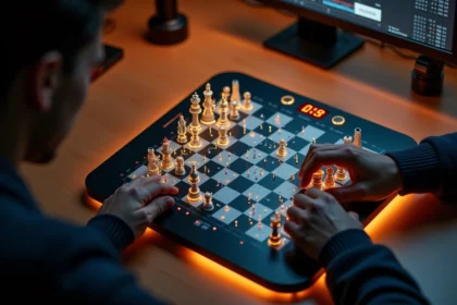 Joueur concentré utilisant un échiquéo électronique avec affichage LED pour améliorer ses compétences aux échecs