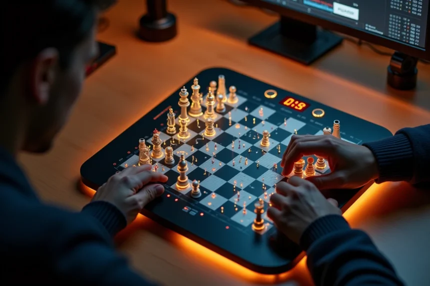 Joueur concentré utilisant un échiquéo électronique avec affichage LED pour améliorer ses compétences aux échecs