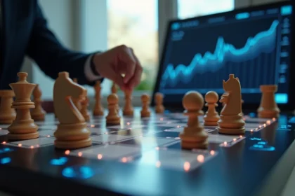 Échiquier électronique professionnel avec plateau illuminé et pièces en bois, main d'un joueur effectuant un coup d'échecs