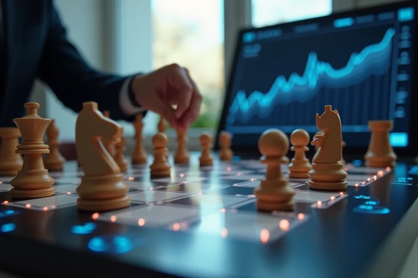 Échiquier électronique professionnel avec plateau illuminé et pièces en bois, main d'un joueur effectuant un coup d'échecs