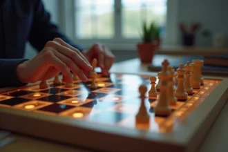 Jeu d'échecs électronique haut de gamme avec plateau illuminé LED et mains jouant une partie