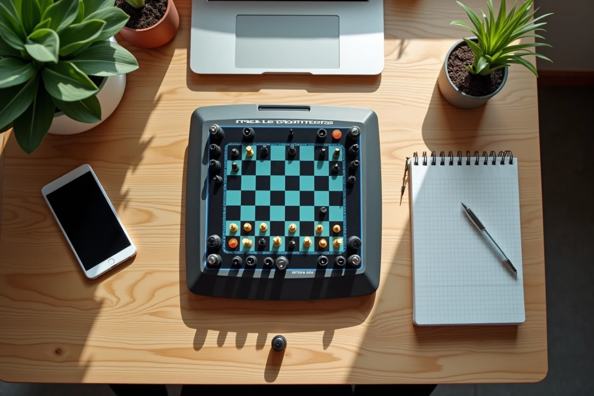 Ordinateur d'échecs électronique professionnel sur bureau avec pièces d'échecs et notes stratégiques pour l'entraînement solo