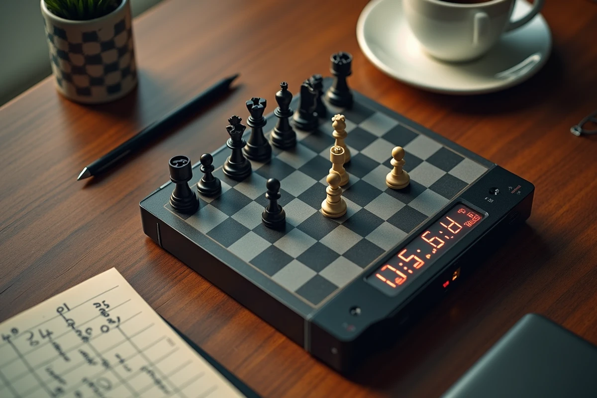 Vue de dessus d'un jeu d'échecs électronique avec horloge digitale pour l'entraînement en solo