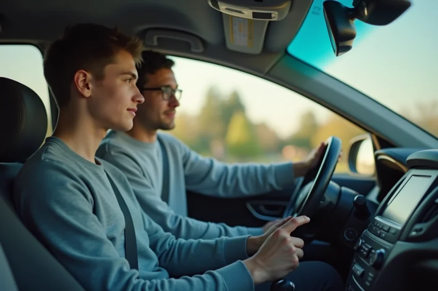 Élève conducteur au volant d'une voiture d'école de conduite avec instructeur