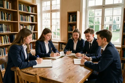 Groupe d'élèves en uniforme dans la bibliothèque d'une école privée en Seine-et-Marne