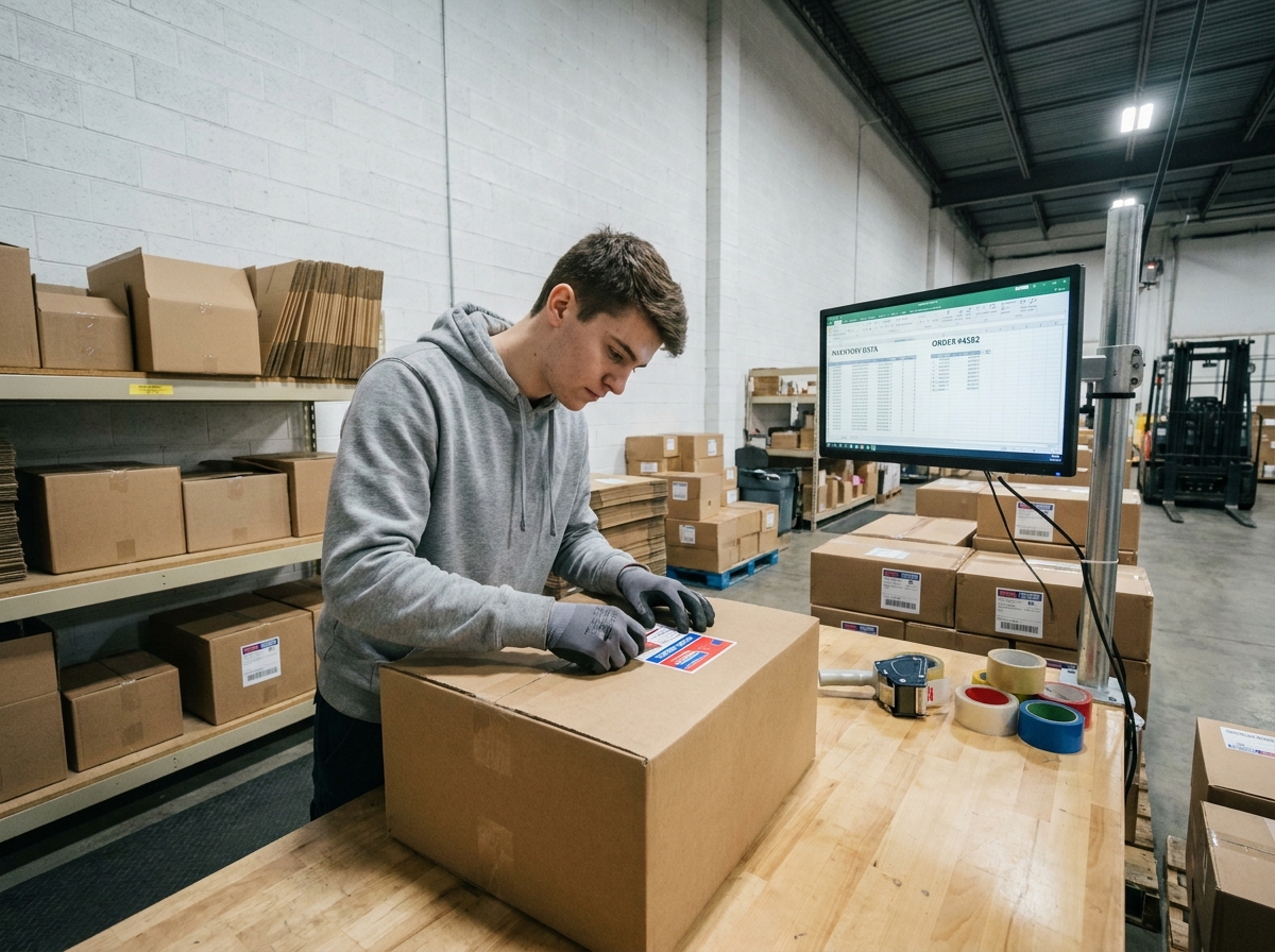 Employé d'entrepôt appliquant des étiquettes adhésives code-couleur sur des colis pour améliorer la traçabilité et la productivité