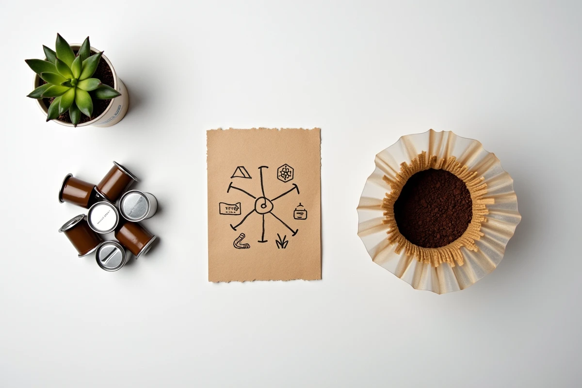 Comparaison des empreintes carbone entre capsules en aluminium, filtre réutilisable et schéma du cycle de vie du café