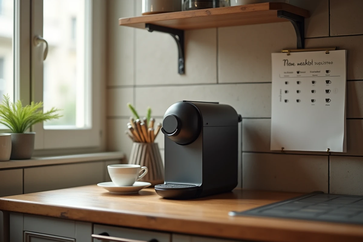Petite cafetière compacte dans un coin de cuisine étroit avec un planning hebdomadaire illustrant un rythme de consommation quotidien modéré