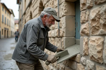 Maçon appliquant l'enduit hydraulique sur façade en pierre dégradée, technique de ravalement traditionnel