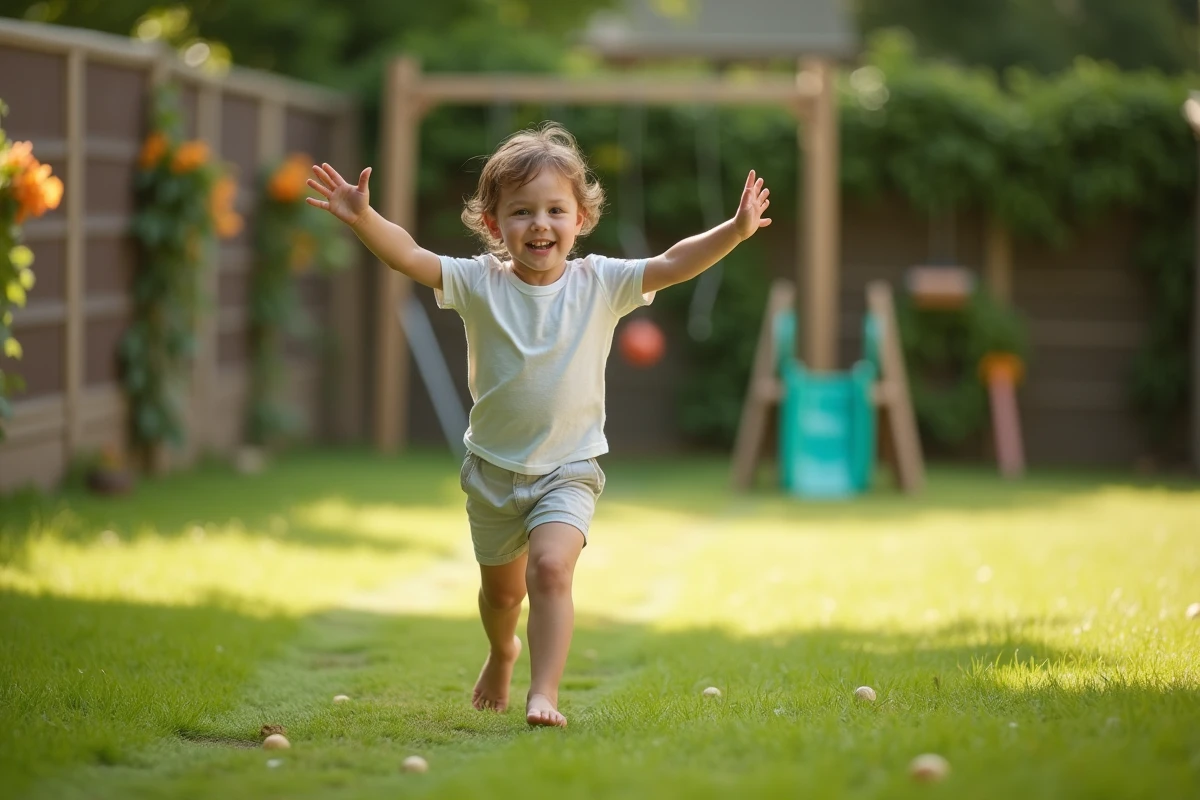 Un enfant court librement pieds nus dans une allée herbeuse du jardin aménagé pour les jeux, les bras écartés en signe de joie et d'insouciance