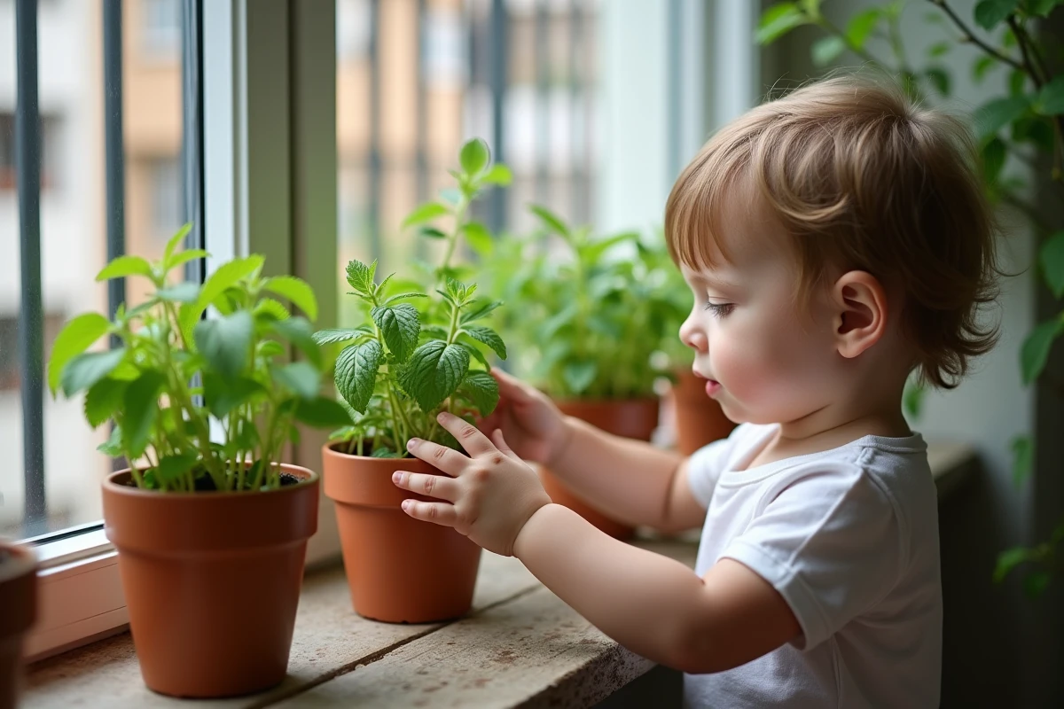 Enfant touchant les feuilles de menthe dans un pot d'aromatique sur balcon aménagé en jardin