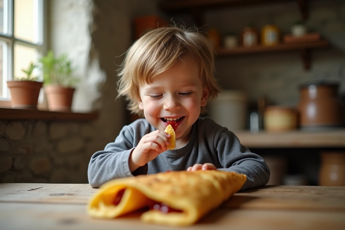 Enfant breton dégustant une crêpe bretonne chaude garnie de confiture avec expression de plaisir à table rustique