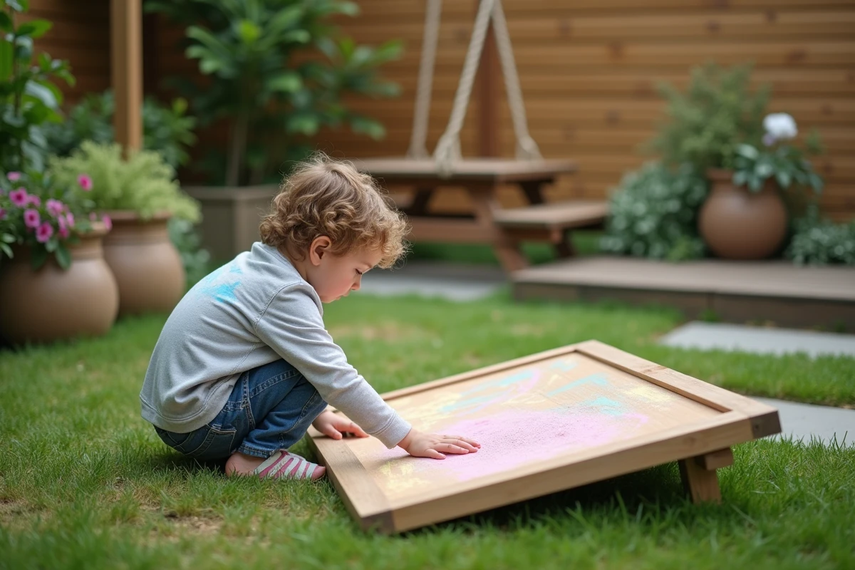 Enfant créatif dessine à la craie sur un tableau dans un coin aménagé du jardin avec table de pique-nique et balançoire, encourageant l'activité créative extérieure