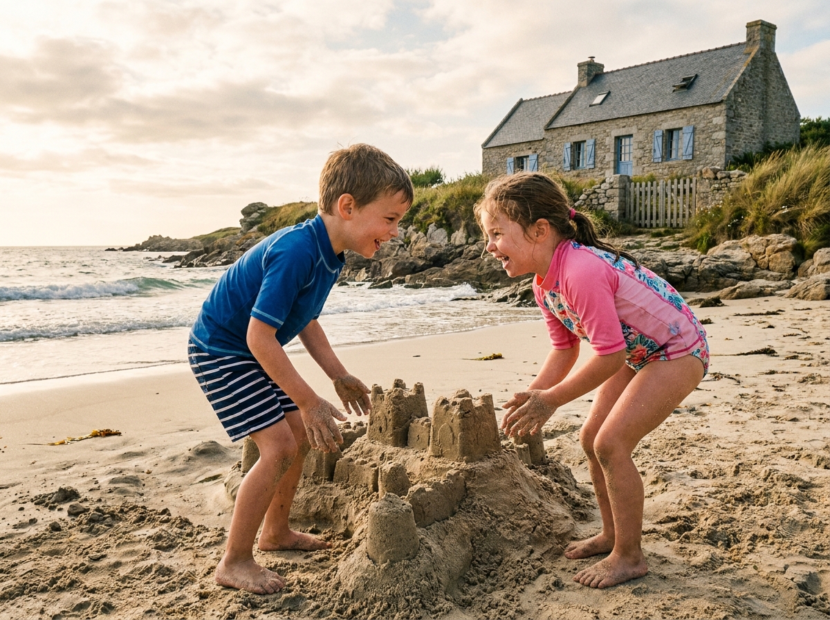 Enfants jouant dans le sable devant leur maison de famille bretonne à Saint-Malo, moment vacances en bord de mer