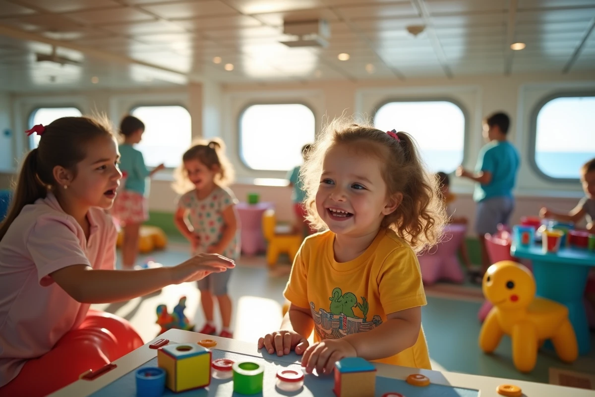 Enfants s'amusant dans le club enfants d'un navire de croisière moderne avec activités colorées et jeux