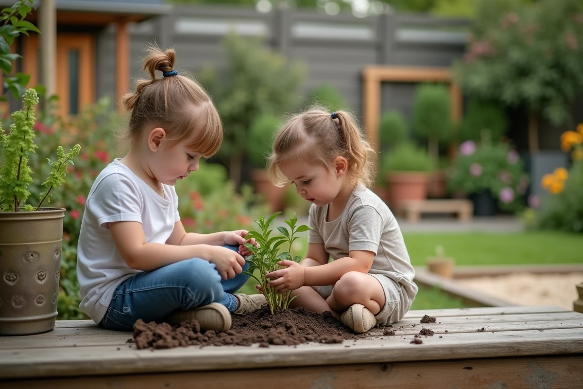 Deux enfants observent attentivement les plantes et le sol dans un coin tranquille du jardin aménagé, assis sur un banc en bois naturel
