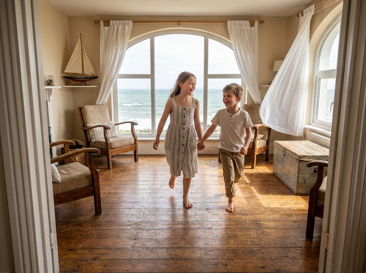 Enfants jouant avec enthousiasme dans l'intérieur lumineux d'une maison familiale bretonne, vue sur la mer par les grandes fenêtres