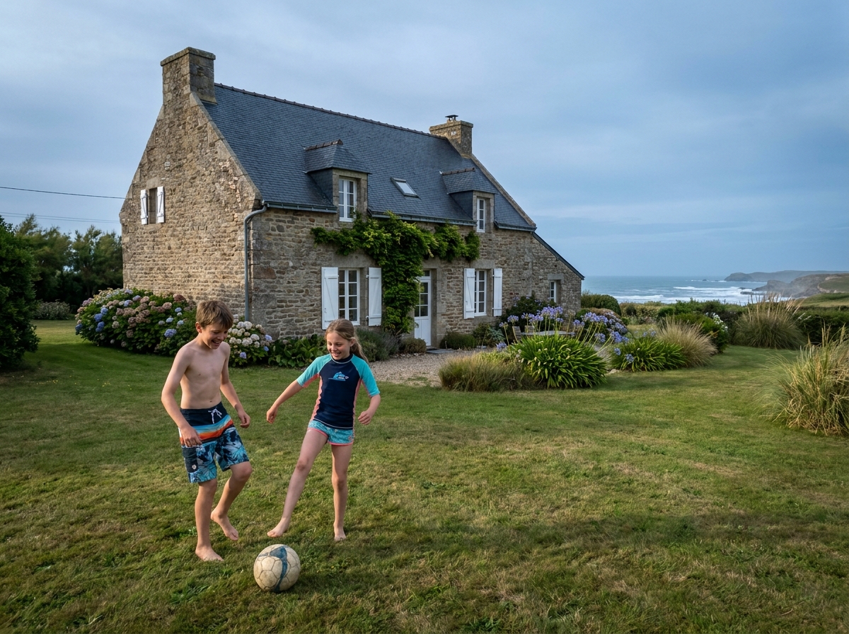 Deux enfants jouent sur la pelouse d'une maison traditionnelle bretonne en pierre avec jardin côtier et vue lointaine sur la côte atlantique