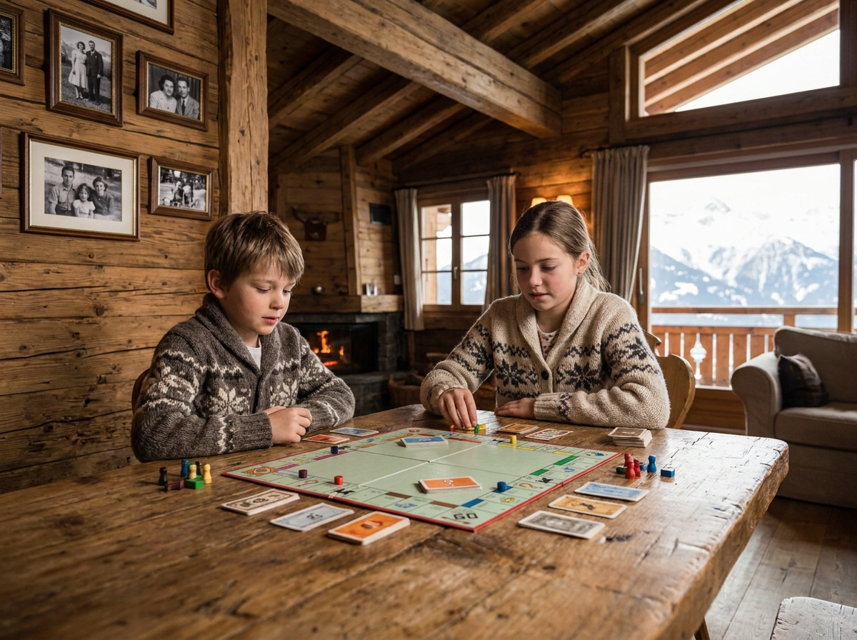 Enfants jouant à un jeu de société dans un authentique chalet alpin, décoration bois traditionnelle, moment familial chaleureux