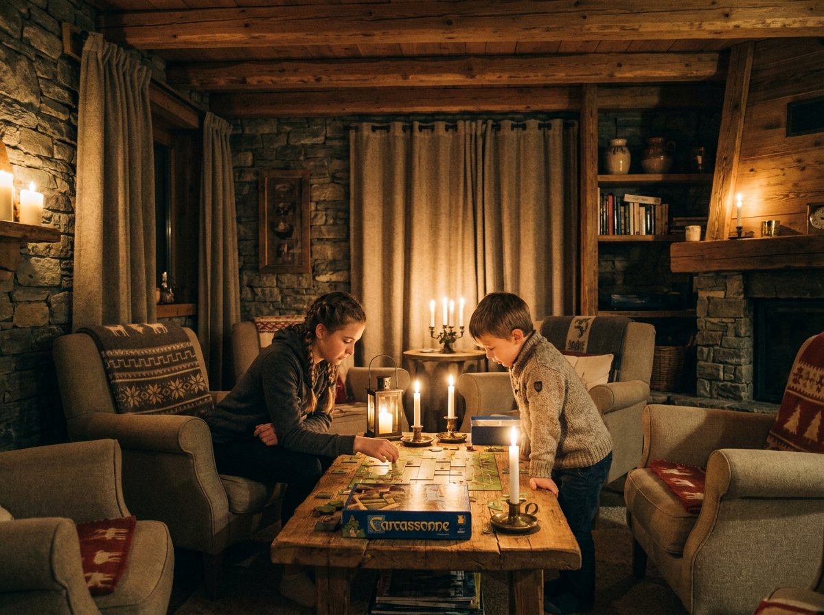 Enfants jouant à jeu de société à la lueur des bougies dans salon de chalet avec mobilier bois, poutres et textiles alpins authentiques