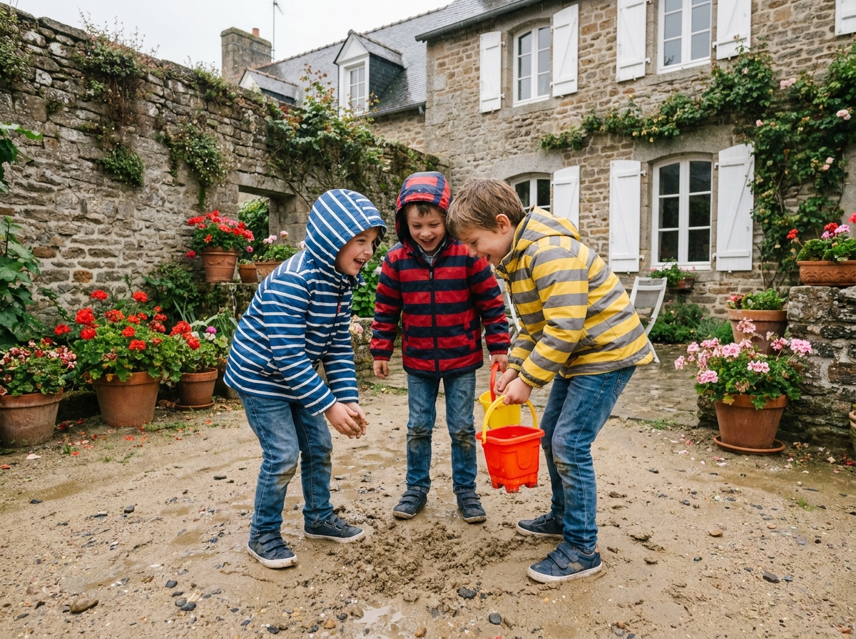 Enfants jouant avec un seau de plage dans la cour de Saint-Malo