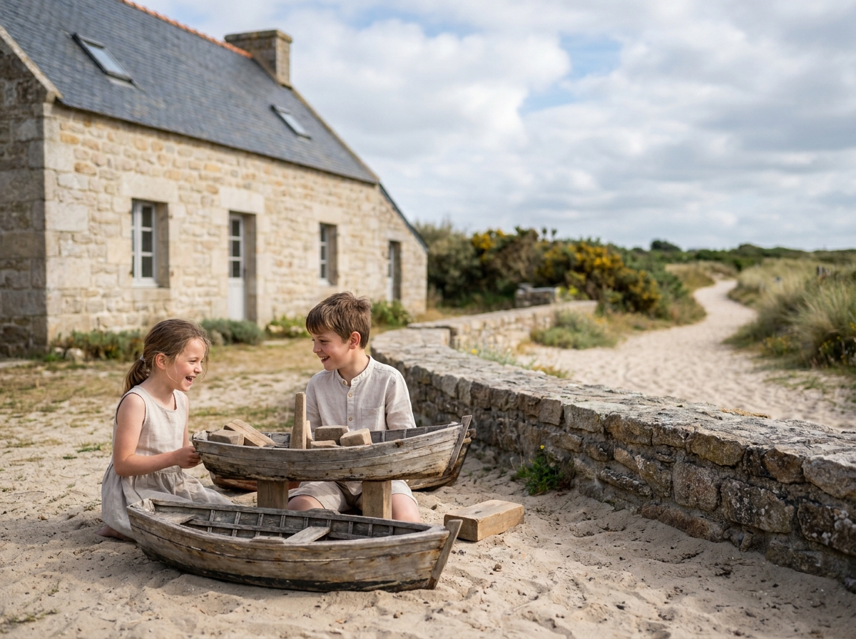 Enfants jouant devant une maison de famille en pierre grise à Saint-Malo avec plage en arrière-plan