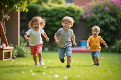 Trois enfants jouent dans un jardin aménagé avec structures de jeu en bois, pelouse verte et plantes fleuries, exprimant la joie du jeu en plein air