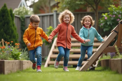 Trois enfants jouent joyeusement sur une structure d'escalade en bois dans un jardin aménagé avec des plates-bandes surélevées et des plantes colorées