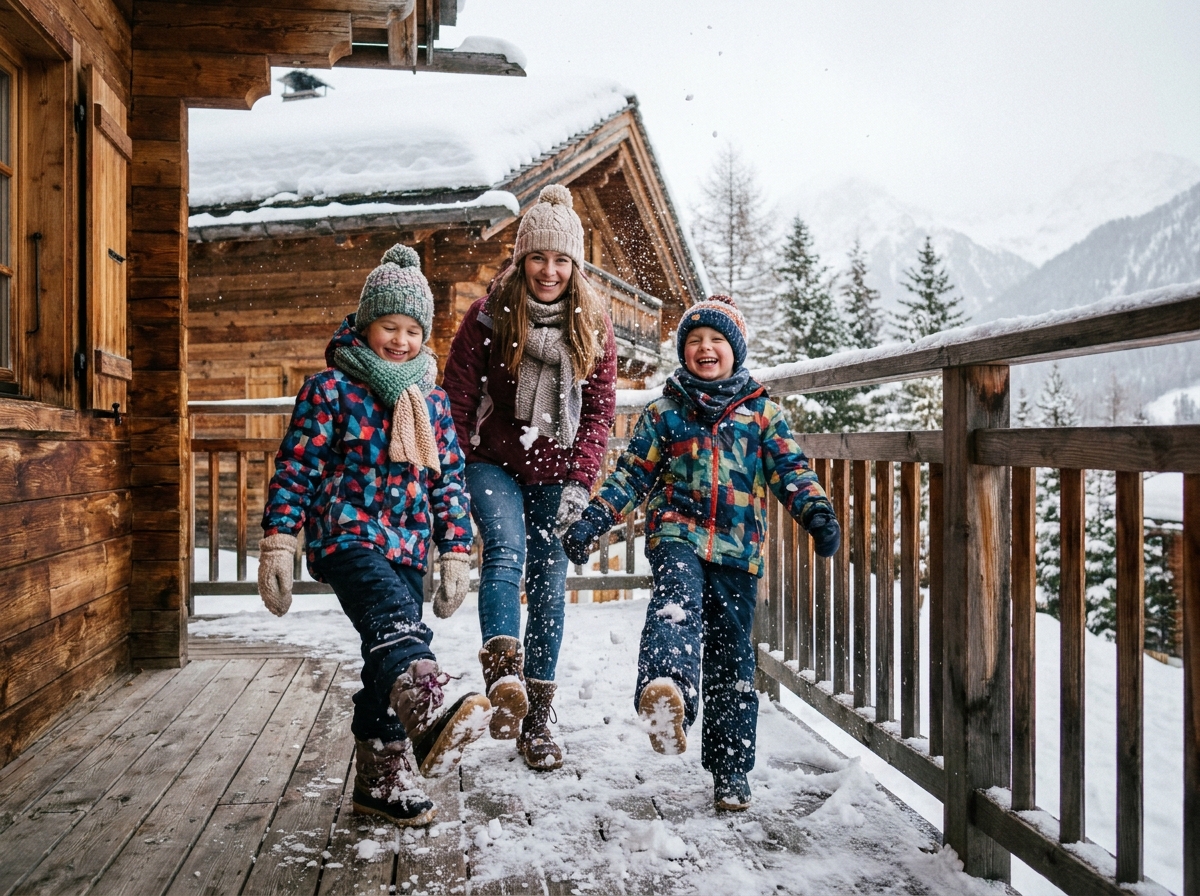 Enfants jouant dans la neige devant un chalet alpin