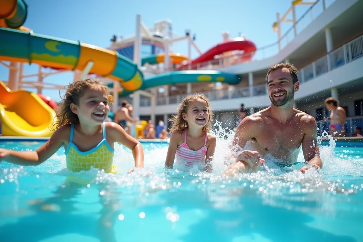 Enfants et parents s'amusant à la piscine et parc aquatique d'une croisière en famille