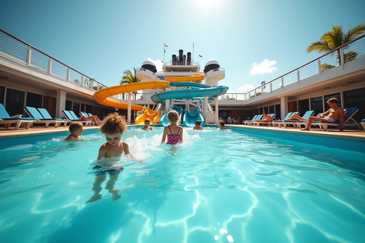 Enfants jouant dans la piscine et les toboggans d'un navire de croisière