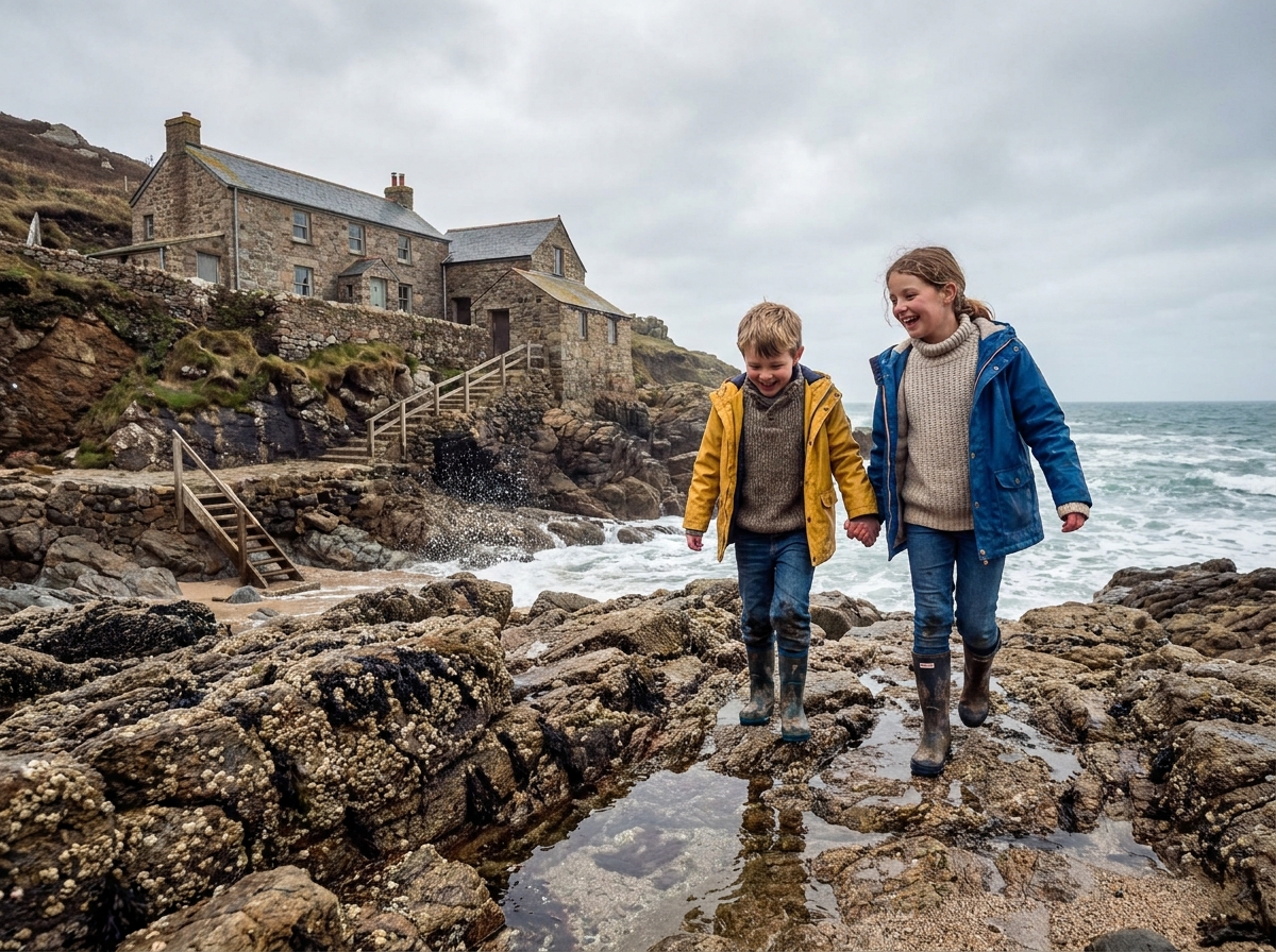 Deux enfants explorant les rochers et bassins de marée devant une maison bretonne traditionnelle