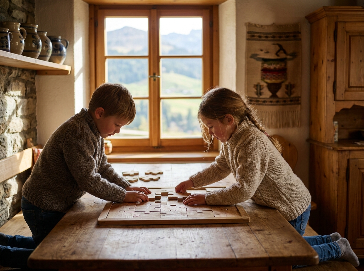 Deux enfants jouant aux puzzles dans un chalet traditionnel avec vue sur les paysages alpins